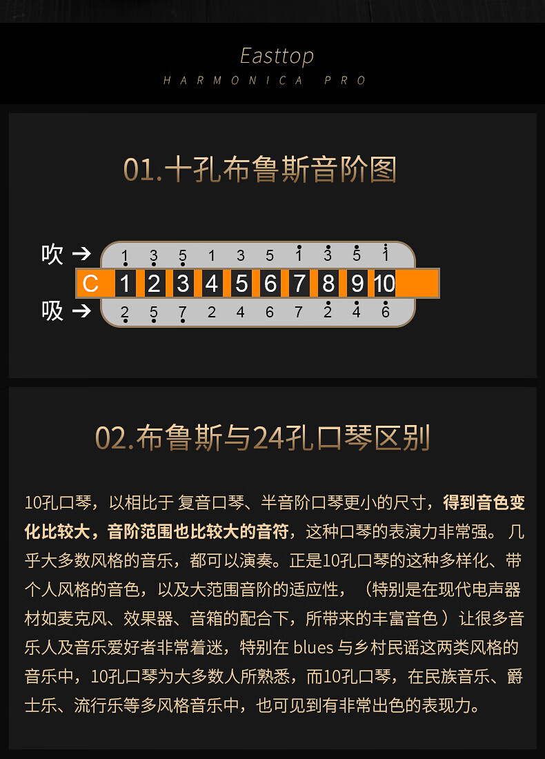 【京选推荐】东方鼎t008k paddy十孔布鲁斯口琴10孔c调蓝调初学者演奏