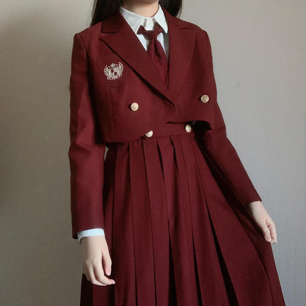 红茶原创学院风胡桃木套装秋装冬护奶裙新品冬季 酒红色护奶裙 小西服