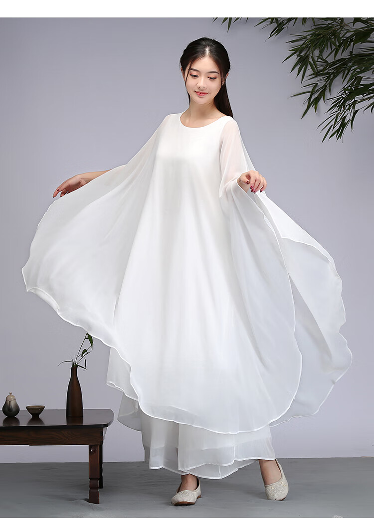 禅意女装佛系中国风文艺复古禅舞服装春秋雪纺茶服宽松连衣裙女长裙禅
