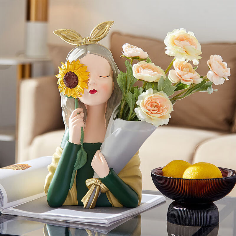 欧米恩北欧轻奢少女抱花花瓶摆件客厅电视柜插花结婚礼物家居装饰黄色