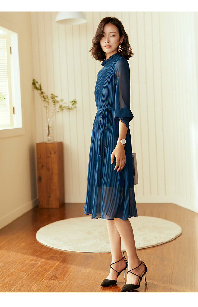 梵希蔓孔雀蓝收腰显瘦连衣裙女中长款秋季新款时尚气质休闲裙子女 f