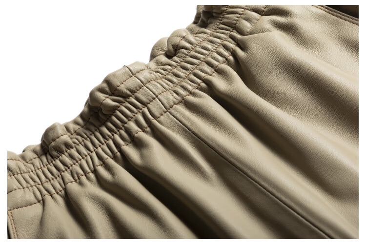 真皮短裤新款宽腿高a级小羊皮女皮裤松紧腰时尚裤子直筒裤 利休白茶色