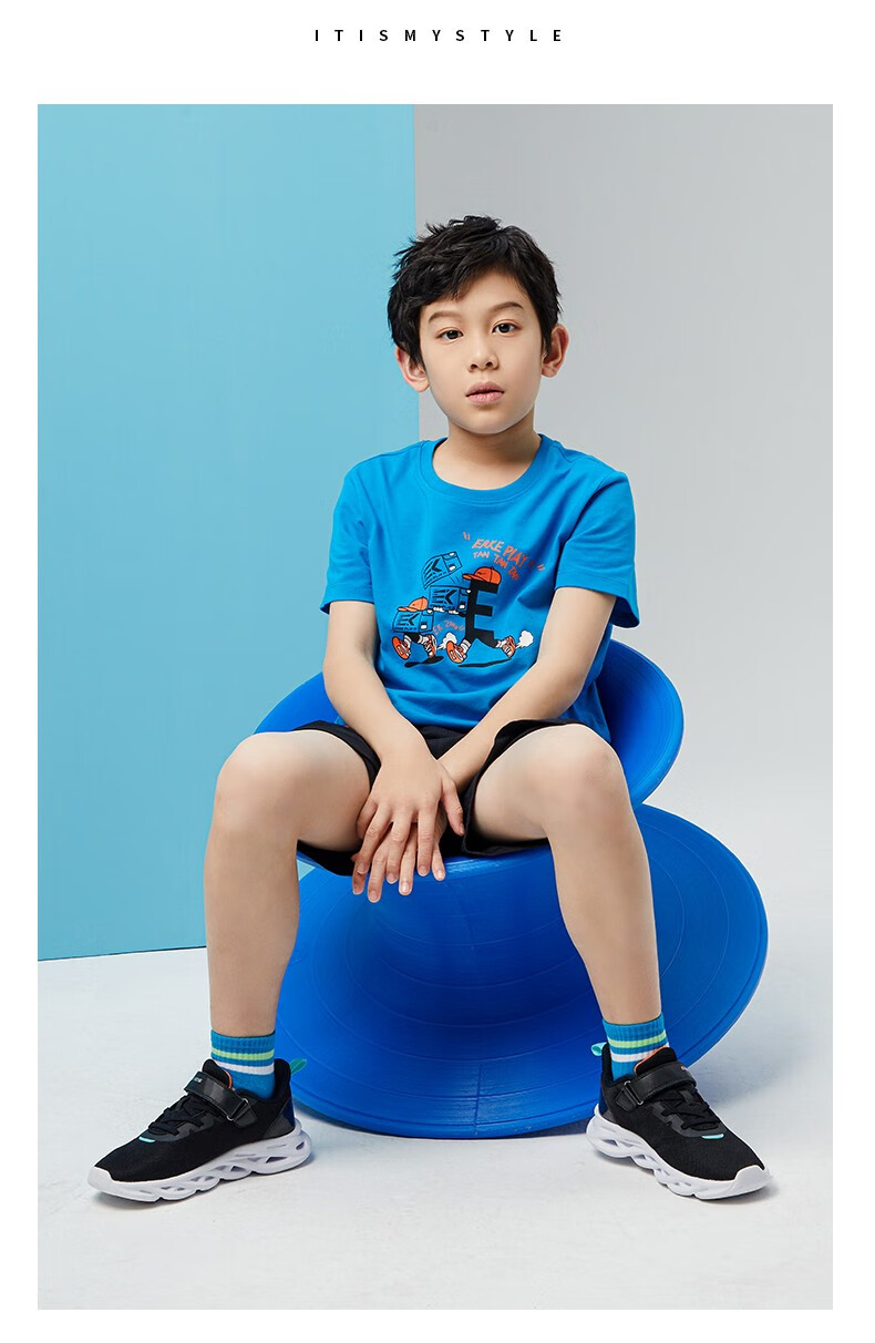 鸿星尔克童装男童短袖中大童夏季新款舒适短袖套装浮潜蓝篮球套