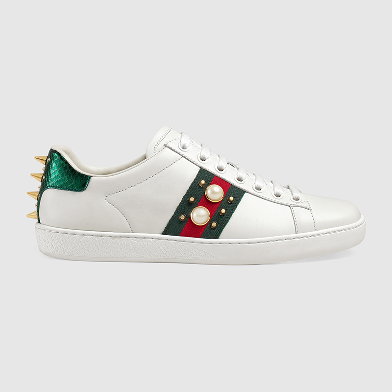 gucci 古驰女鞋 古奇女鞋女士小白鞋牛皮铆钉造型系带杨幂同款平底