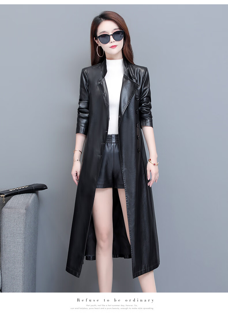 叙道 皮衣女中长款2020秋冬季新款韩版翻领显瘦过膝系带收腰皮大衣