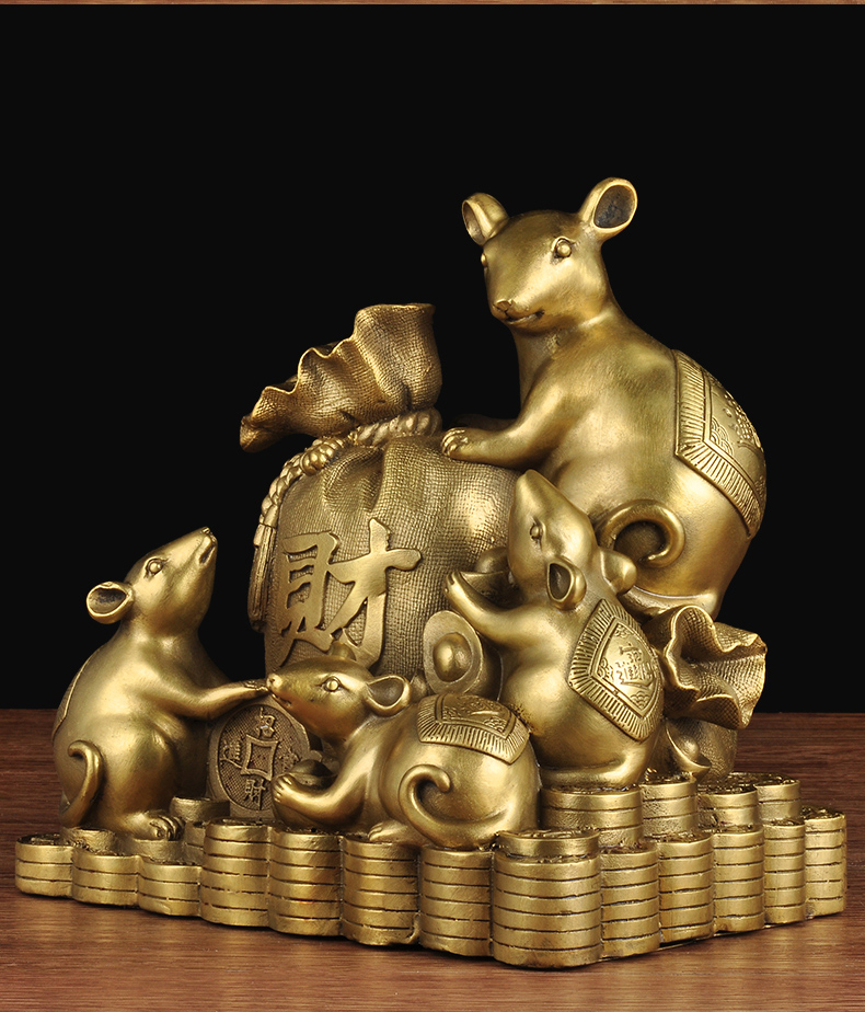 五鼠招财铜老鼠摆件桌面纯铜生肖鼠吉祥物风水家居客厅玄关装饰品 7寸