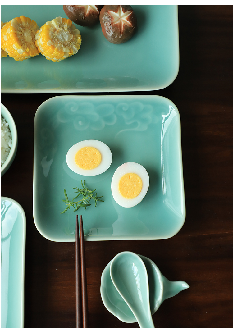 龙泉青瓷餐具陶瓷餐具家用菜盘龙泉青瓷祥云方形盘子中式米饭碗菜盘