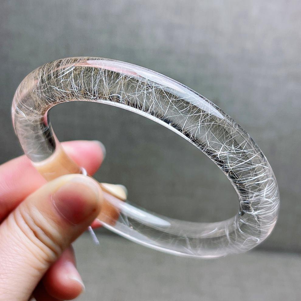 古珍银发晶手镯白发晶细圆条水晶镯子女款57细条镯一物一图送长辈妈妈