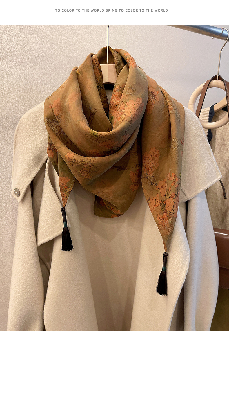 希伯奴轻奢品牌值得传承古典香云纱重磅真丝围巾女手工挂坠桑蚕丝方巾