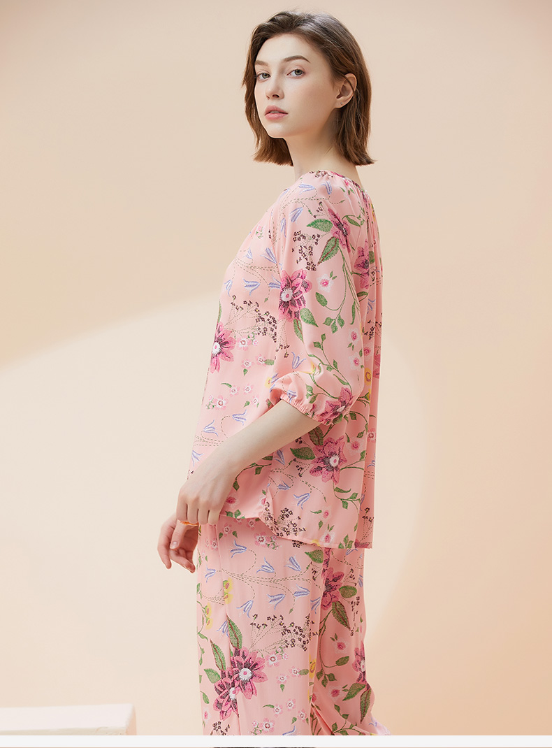 仕乐时尚印花女士睡衣五分袖长裤款圆领家居服套装薄款橘红花175xxl