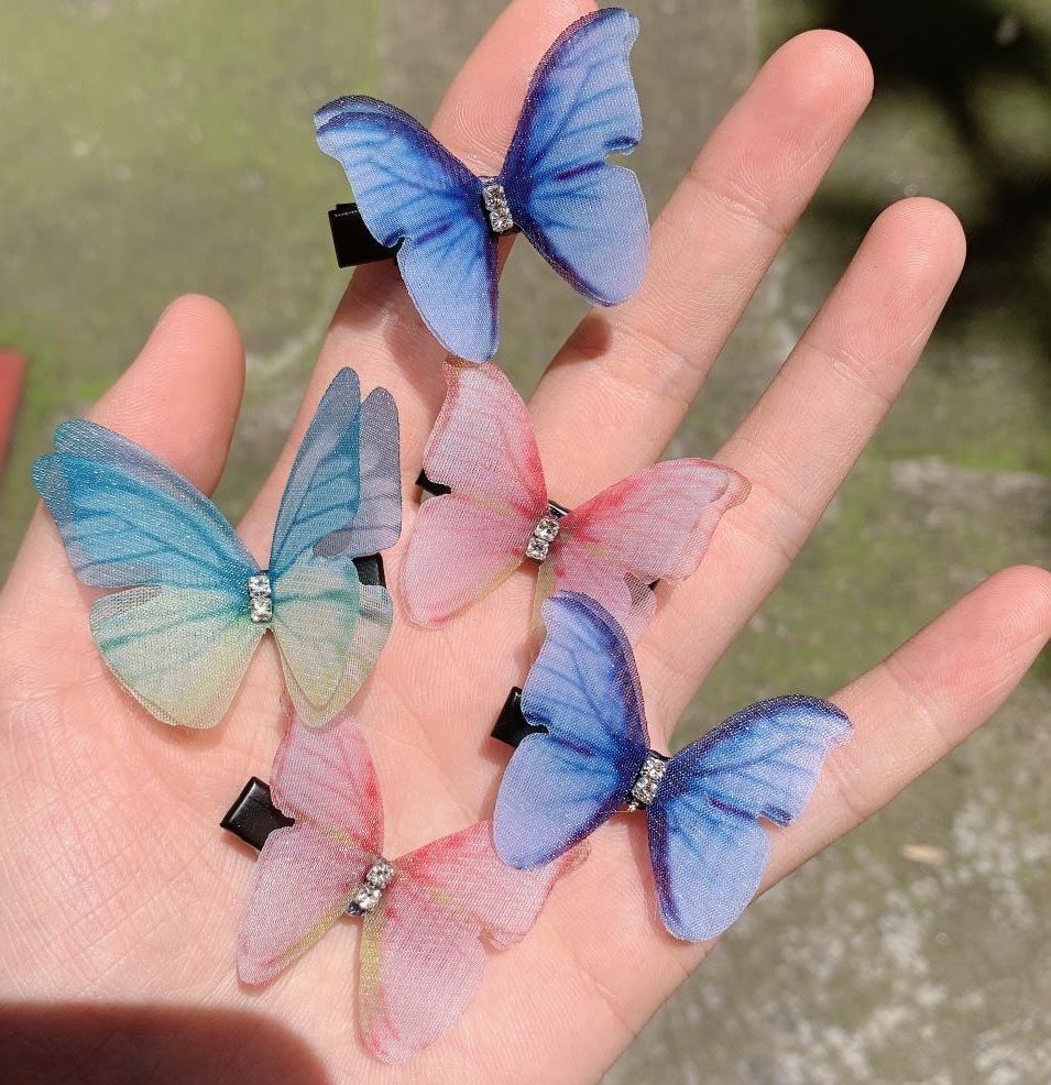 邦克仙女双层立体薄纱仿真蝴蝶发夹水钻边夹汉服古典发饰头饰仙气古风