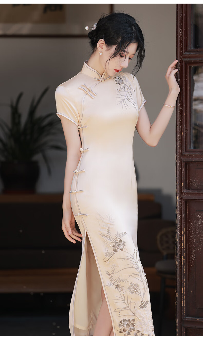 mlcriyg改良旗袍年轻款2022年新款气质性感高端香槟色绣花中国风少女