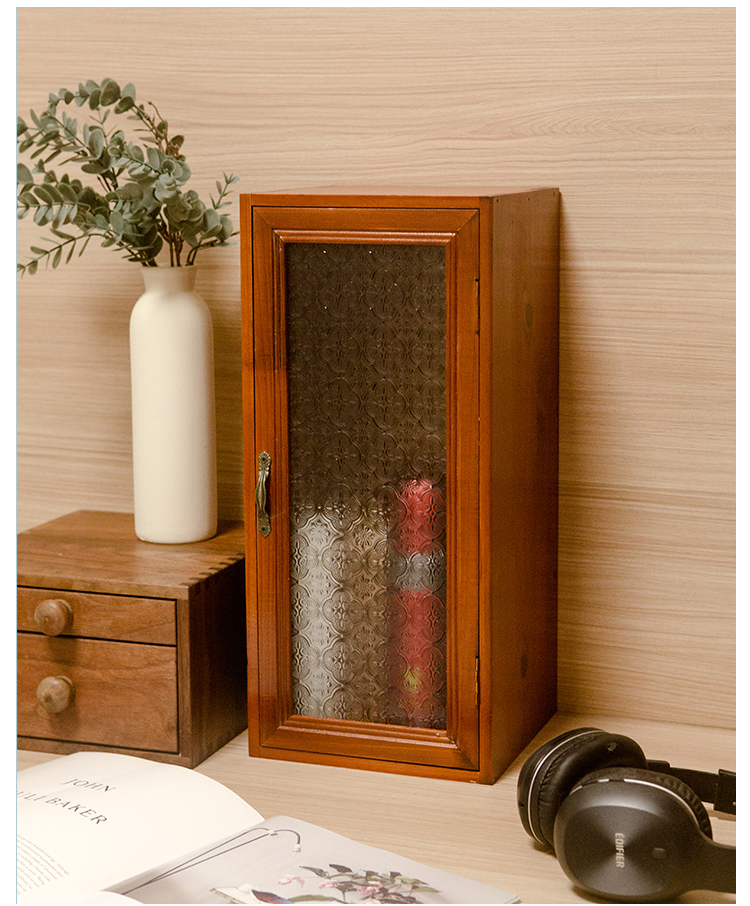 实木手办展示盒柜复古实木茶杯玻璃收纳柜木质茶具化妆品桌面整理盒