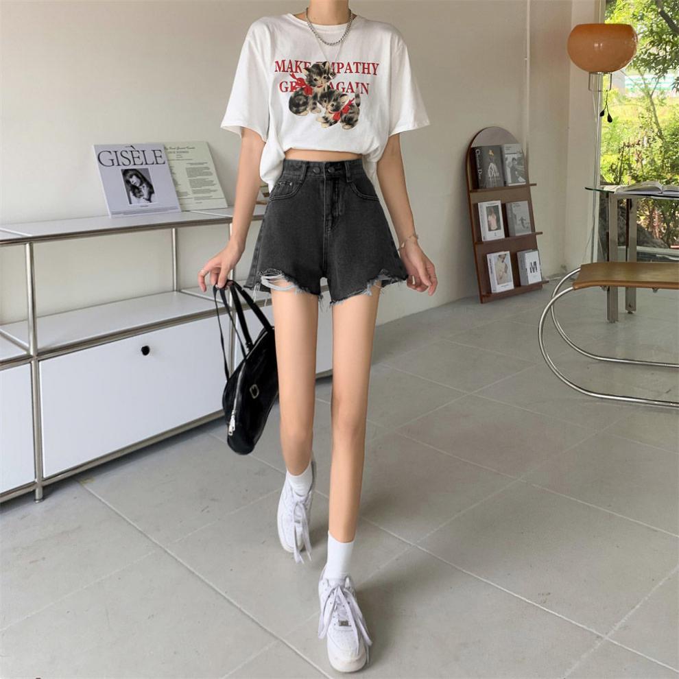 牛仔短裤女辣妹破洞高腰夏季薄款韩版宽松阔腿a字短热裤子潮ins风浅蓝