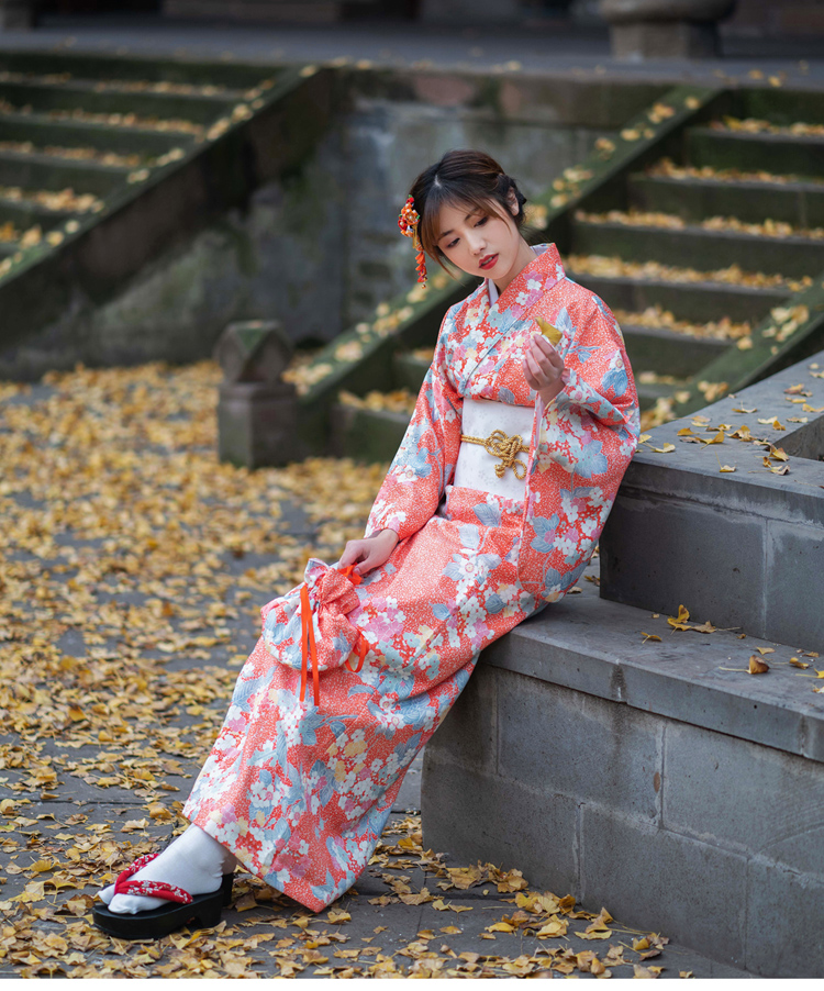 和服女正装樱花日本粉橘色浴衣传统怀旧风成人约拍可爱和风cos 粉橘色