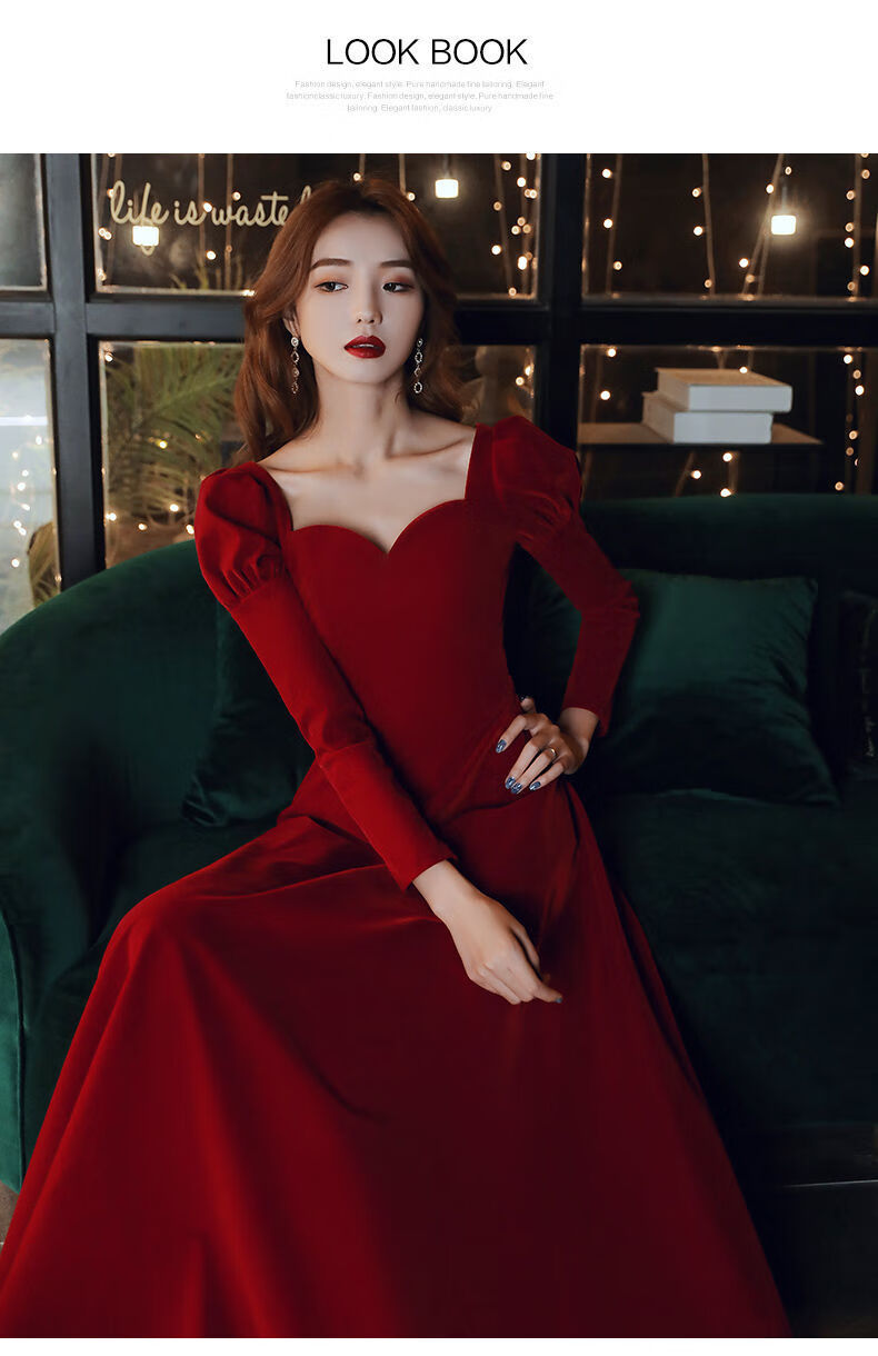 红色晚礼服女宴会长款高贵新款气质伴娘服新娘长袖秋冬红色裙长130cm
