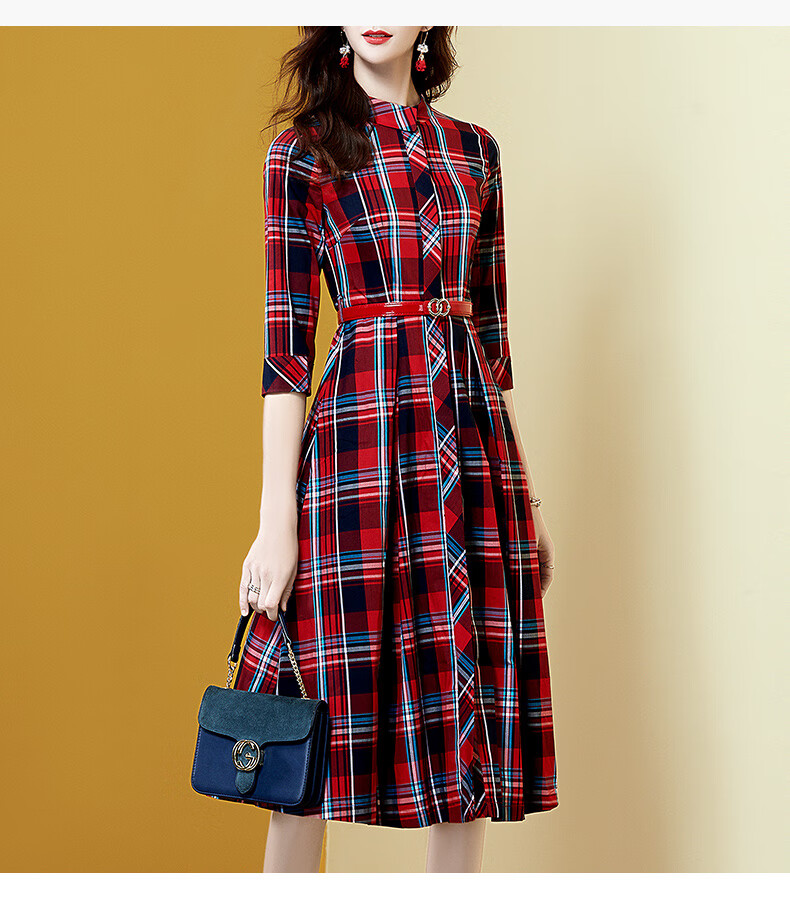 海青蓝服饰时尚洋气连衣裙女 春秋新款女装格子中长款收腰显瘦a字裙