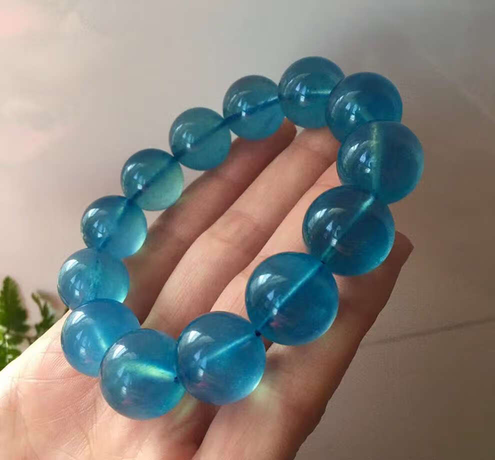 天然收藏级魔鬼蓝海蓝宝单圈手链 颜色艳丽夺目 略带星光猫眼 12mm