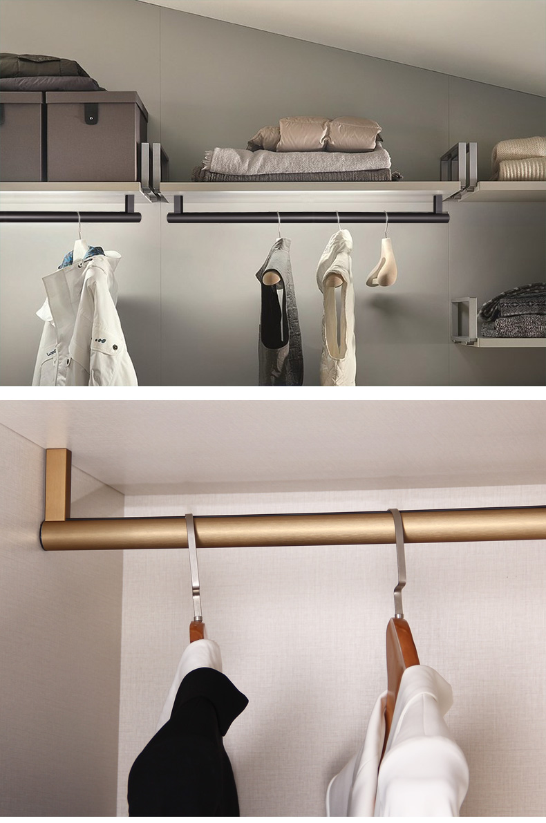 衣柜挂衣杆顶装圆管圆形衣橱横杆法兰五金配件衣帽间里的衣架摩卡金