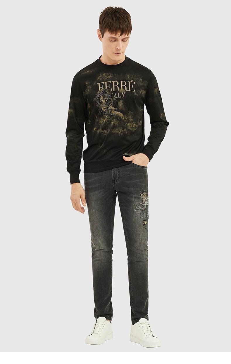 【618狂欢】ferre费雷男装时尚圆领长袖卫衣男宽松新款 98灰色花版 46