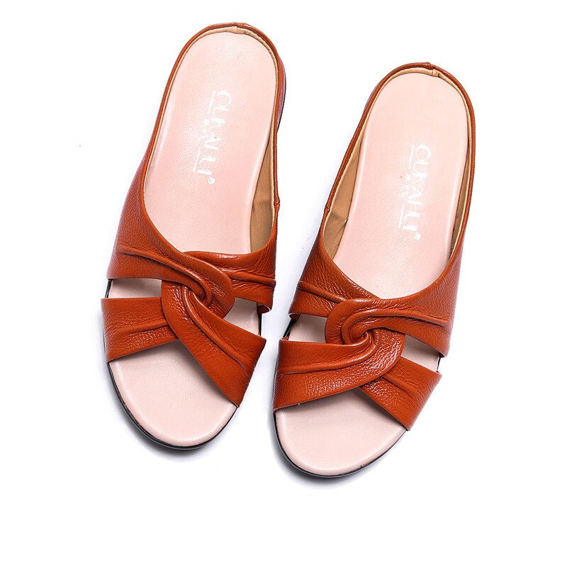 舒适真皮2019春夏款中年防滑拖鞋真皮妈妈时尚女凉拖交叉坡跟拖鞋