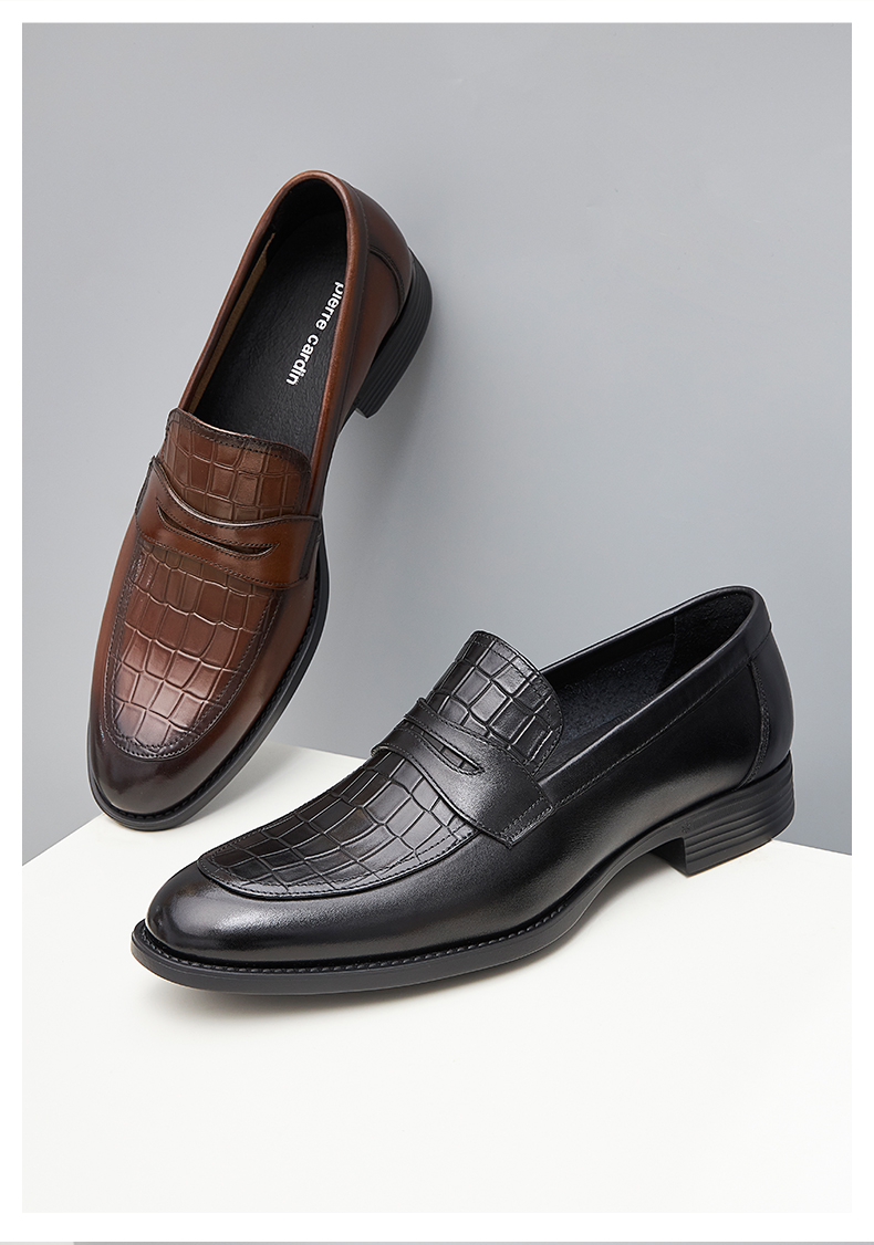 皮尔卡丹男鞋22春夏新款商务正装鳄鱼纹牛皮超轻底套脚单层皮单里透气