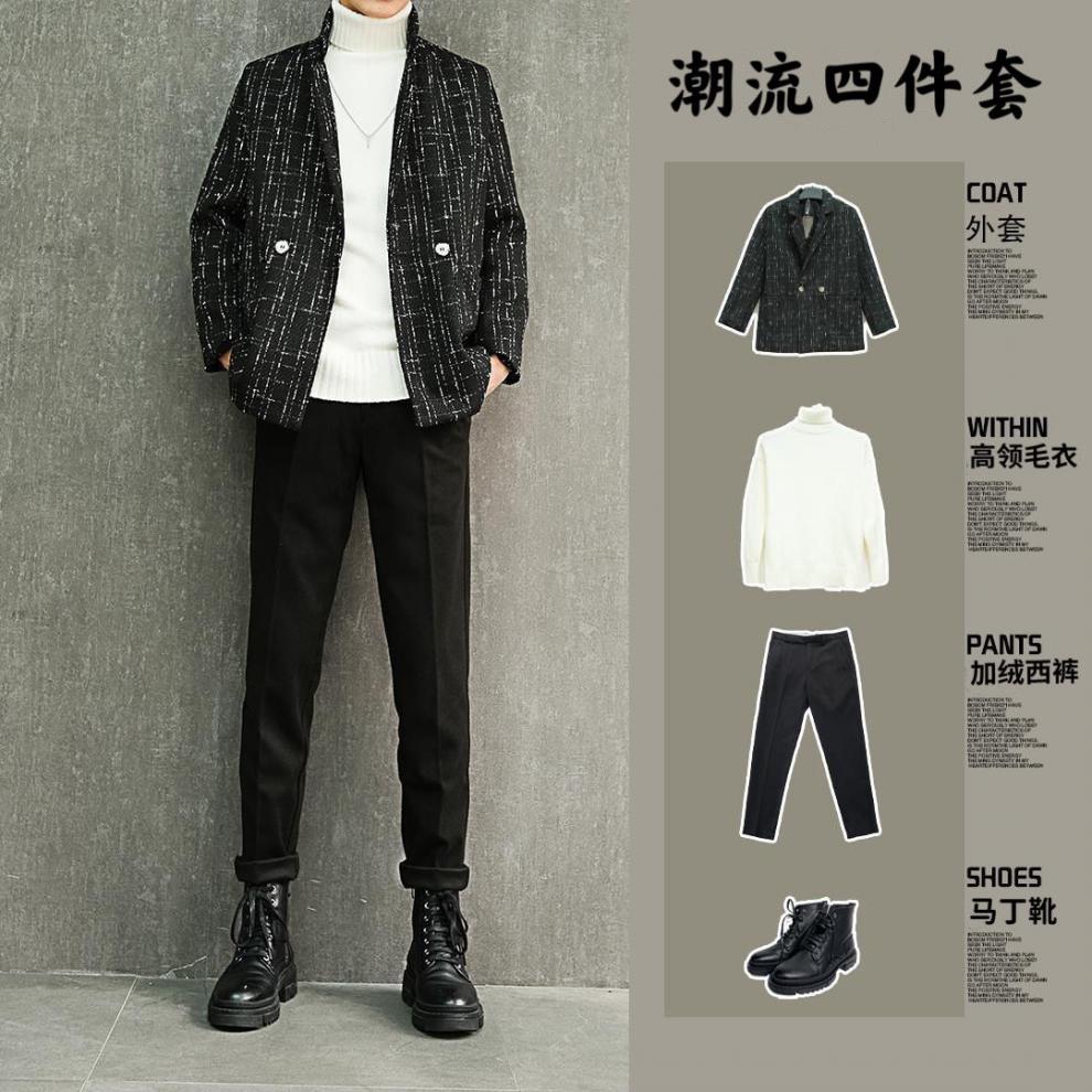 港风套装男复古chic2021年秋冬新款痞帅男装一套成熟衣服格子外套马丁