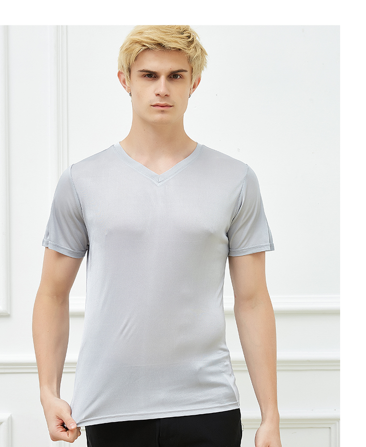 shihokoo夏季新款真丝v领短袖汗衫薄款桑蚕丝双面针织文化衫舒适透气