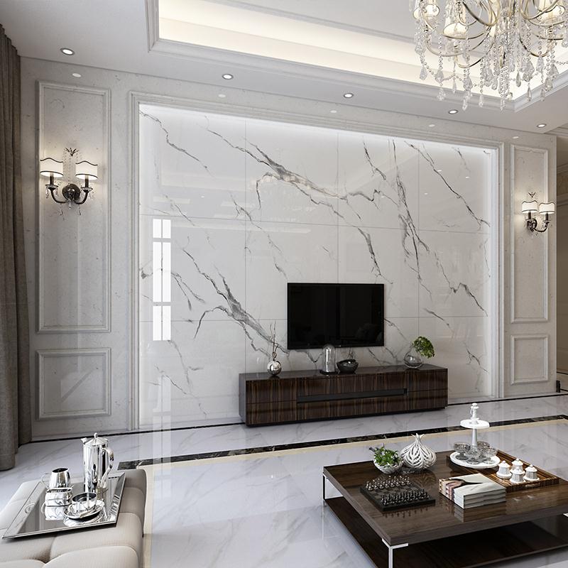 微晶石电视背景墙2020 大理石瓷砖石材护墙板悬空渗墨大板 爵士白