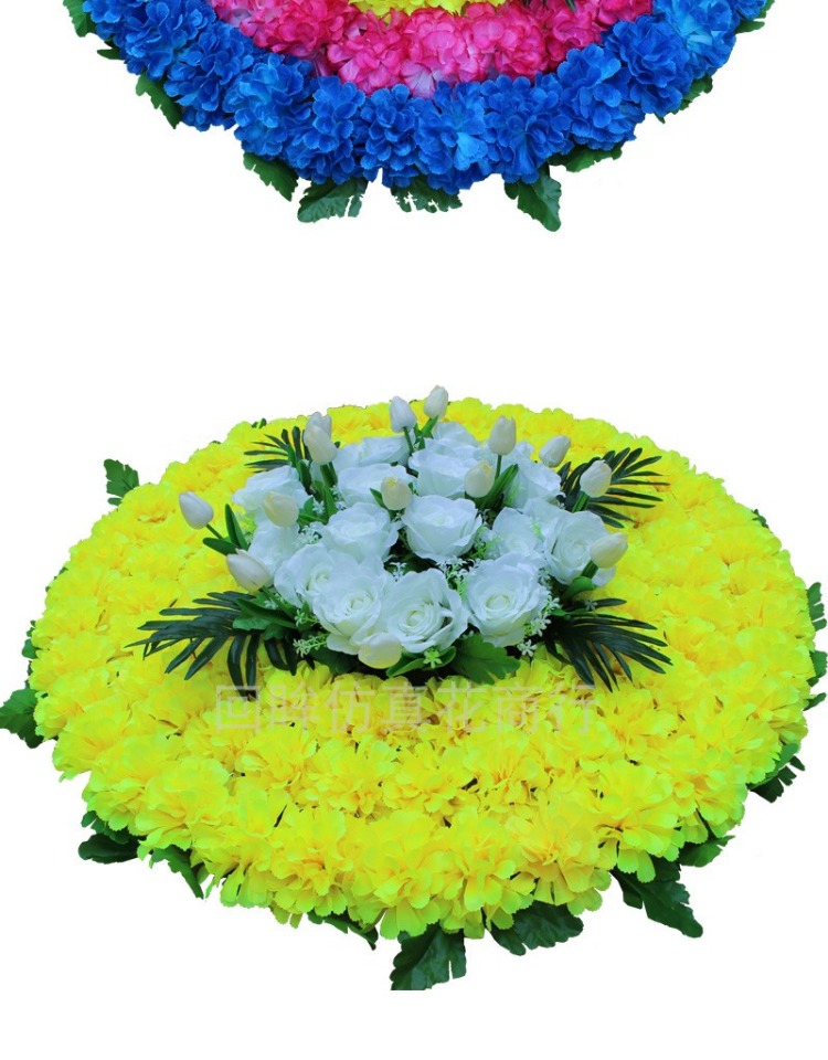 绢花圈仿真菊花圈直径1米布料花圈塑料花殡葬装饰花祭祀花摆放花 黄