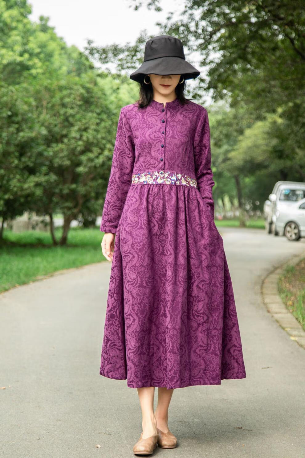 素订棉麻女装官方素素杭州秋季复古民族风刺绣提花连衣裙女立领长袖