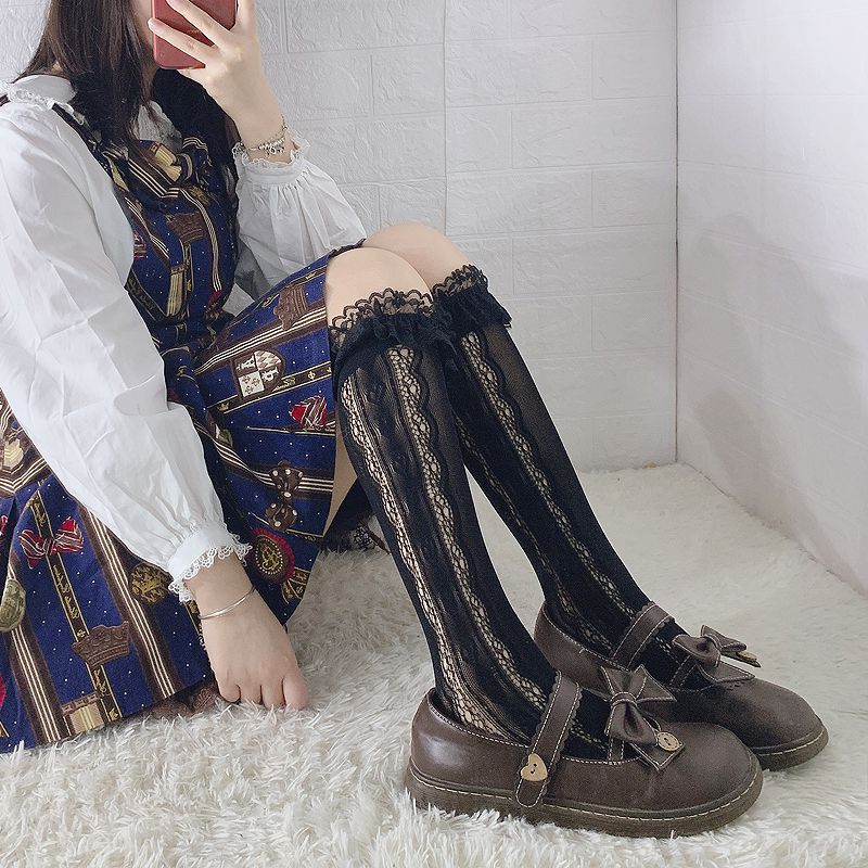 长袜女高筒袜小腿袜女春夏日系lolita甜美蕾丝花边中筒小腿镂空网袜