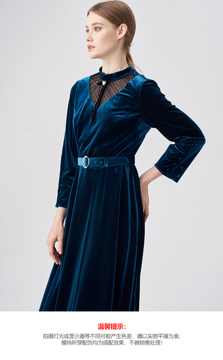 商场同款】马天奴2022年秋冬新款复古蝴蝶结网纱镂空蓝色丝绒长裙礼服