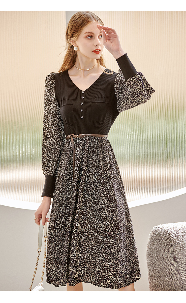 olrain欧芮儿2021年春季新款针织连衣裙女雪纺碎花拼接泡泡袖复古显瘦