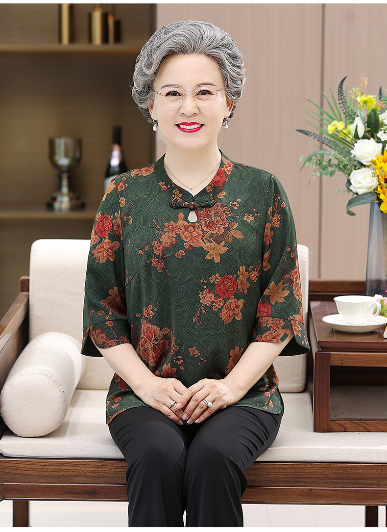 莎比菲奶奶装夏装女老年人t恤上衣老太太老人衣服中老年妈妈装唐装五