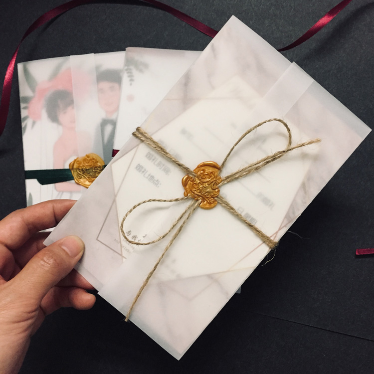 复古森系新潮半透明硫酸纸无边结婚请柬包装邀请函牛油纸腰封信封 11*