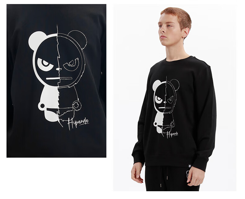 hipanda你好熊猫男式黑白描拼接印花卫衣长袖圆领套头衫街头潮牌黑色