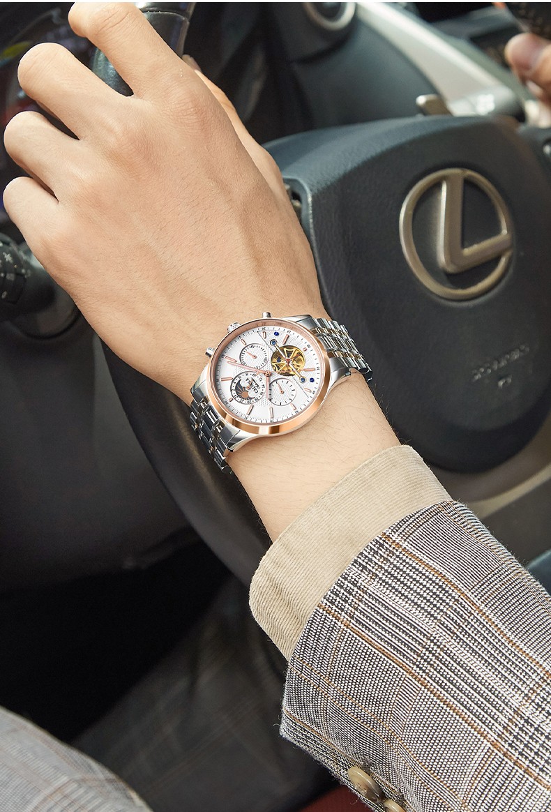 CALUOLA Men's Multifunction Mechanical Watch Luxury Fashion Steel Band Wristwatch Top Brand 6