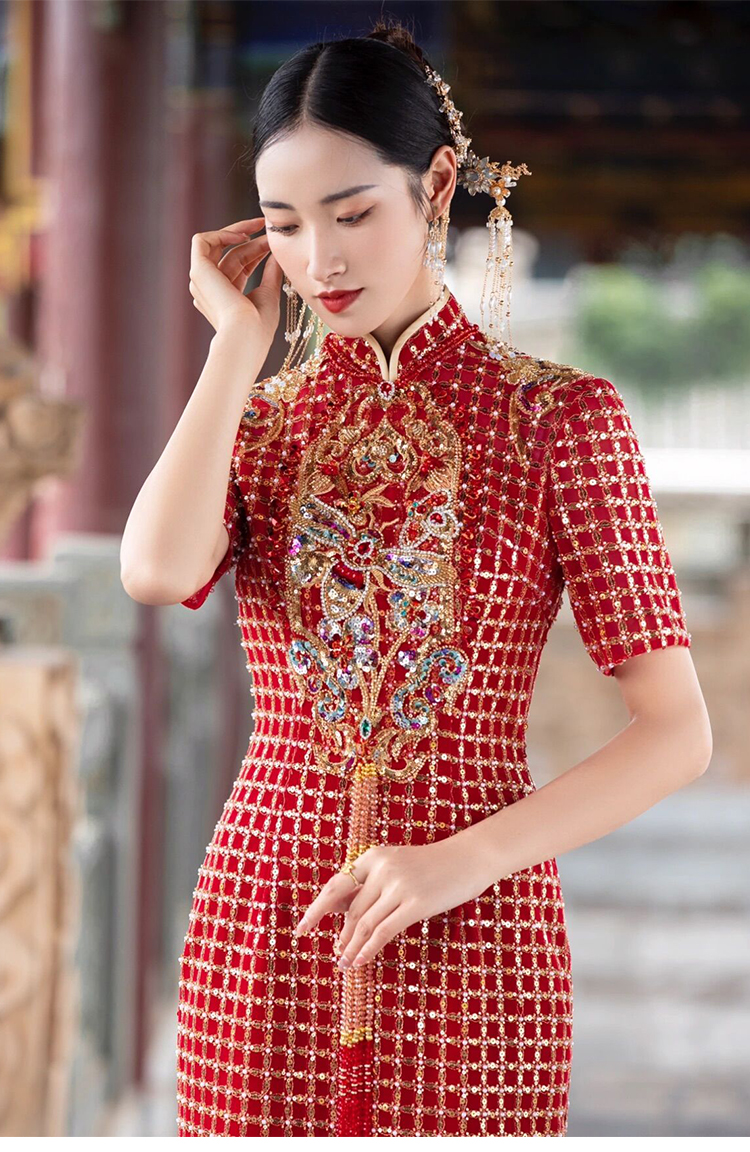 敬酒服新娘2022新款中式旗袍裙婚服婚纱礼服回门礼服连衣裙答谢宴橙色