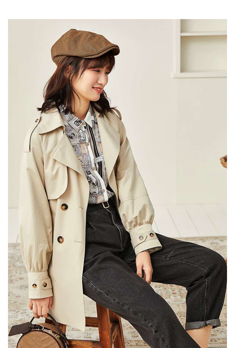 温彻斯特的广场紫涵2021年春季中长款收腰风衣女显瘦大翻领外套米金xs