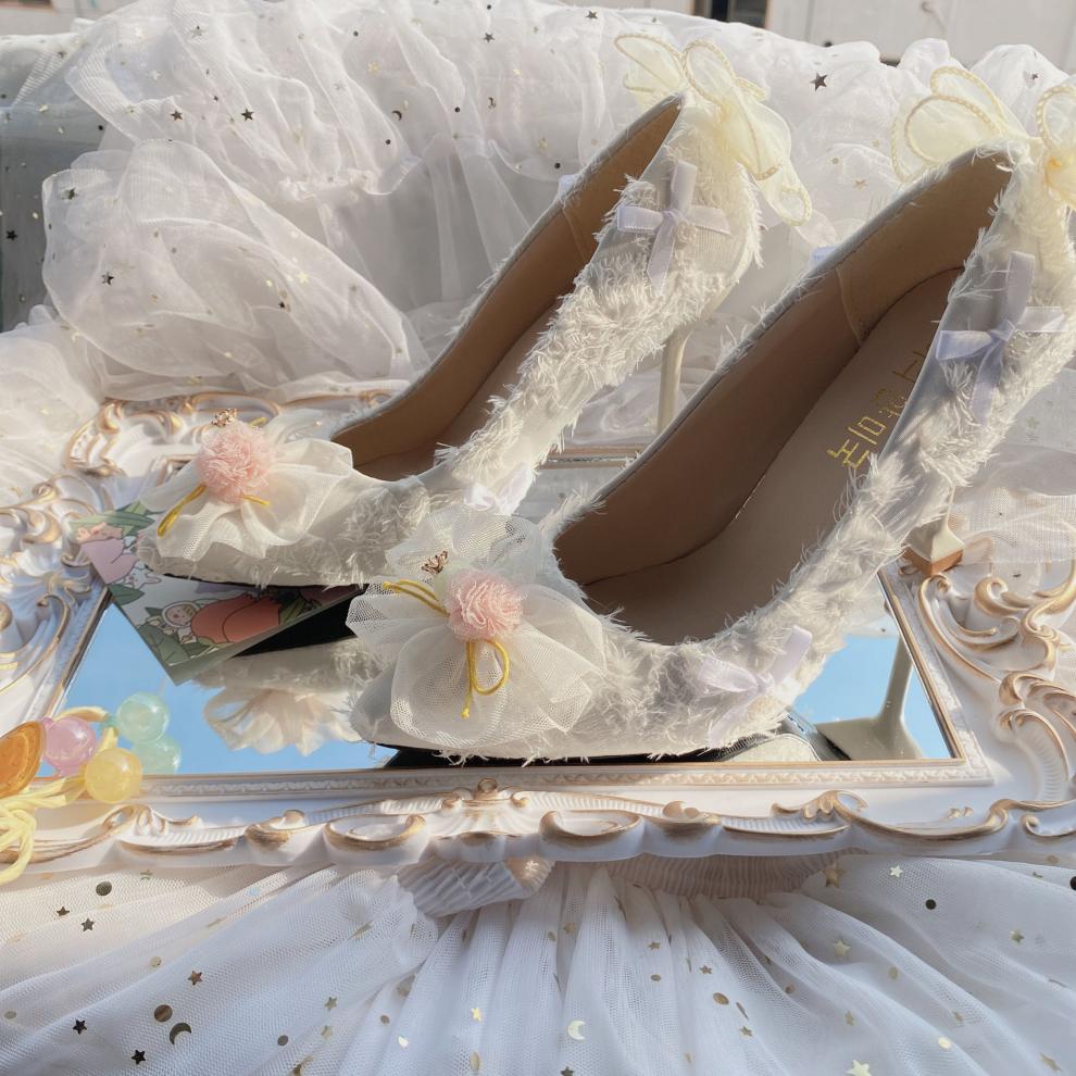 洛丽塔鞋子法式少女lolita高跟鞋华丽纯白花嫁鞋毛绒茶会款手工定制