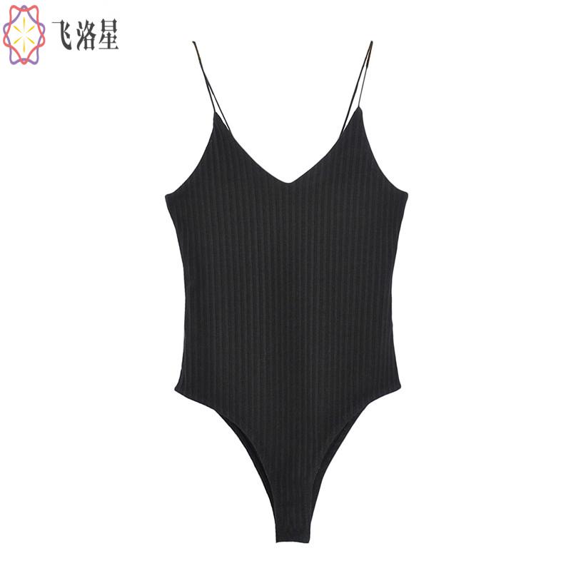 西柏图欧美ins博主简约纯色v领修身背心内搭外穿连体衣吊带女潮 黑色