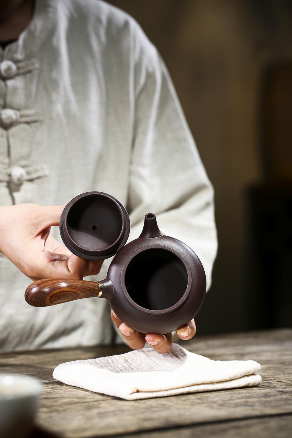 唐羽壶 宜兴品质紫砂壶原矿紫泥唐羽泡茶壶具侧把横把木柄家用 木柄唐