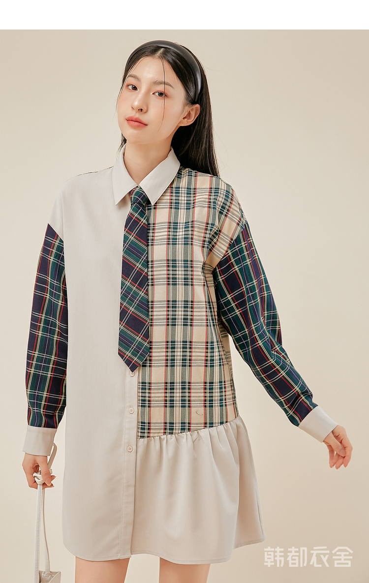 韩都衣舍艺术感裙子女2021春装新款撞色polo领格子连衣裙eq13463 米