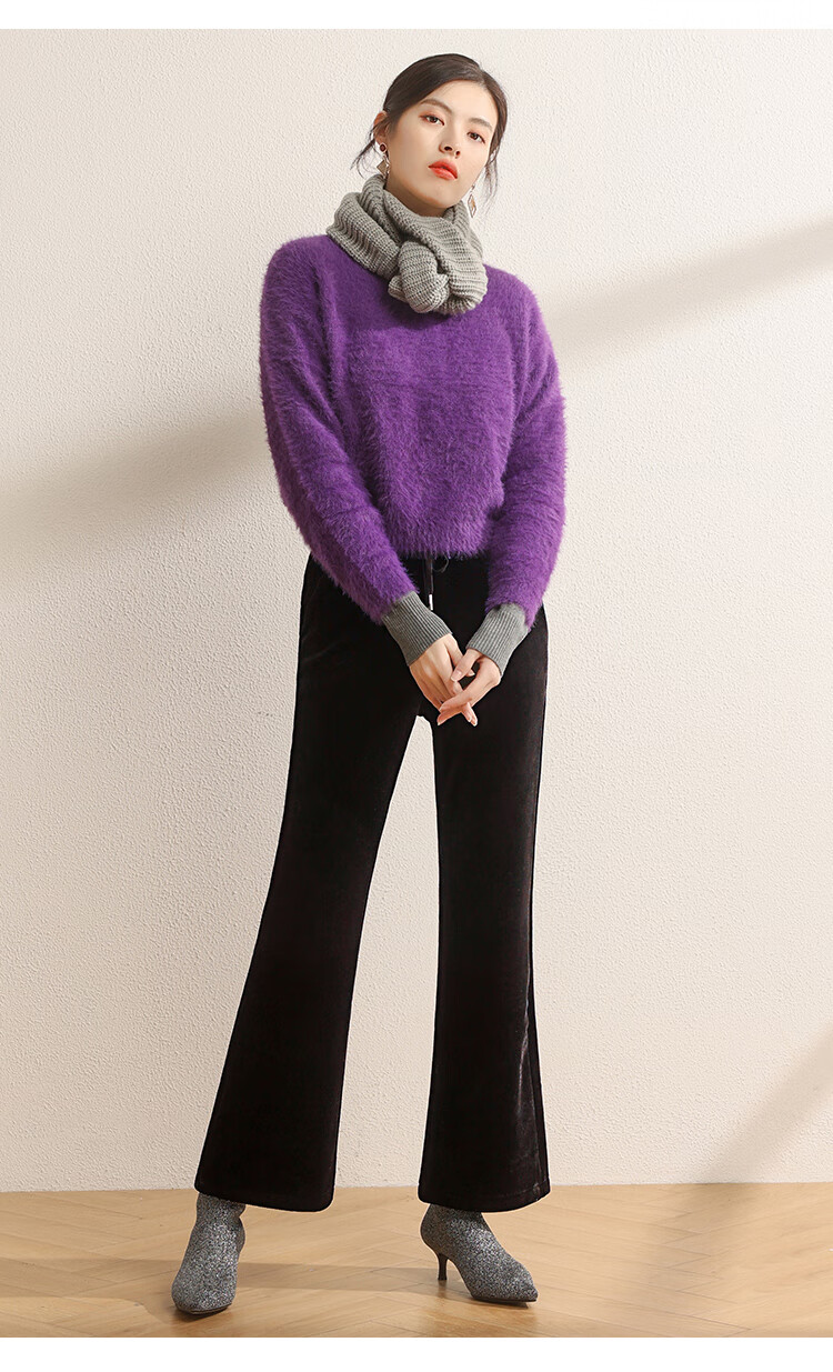 梦舒雅女裤黑色雪尼尔微喇裤女松紧腰长裤2020冬季新款加厚条绒裤黑色