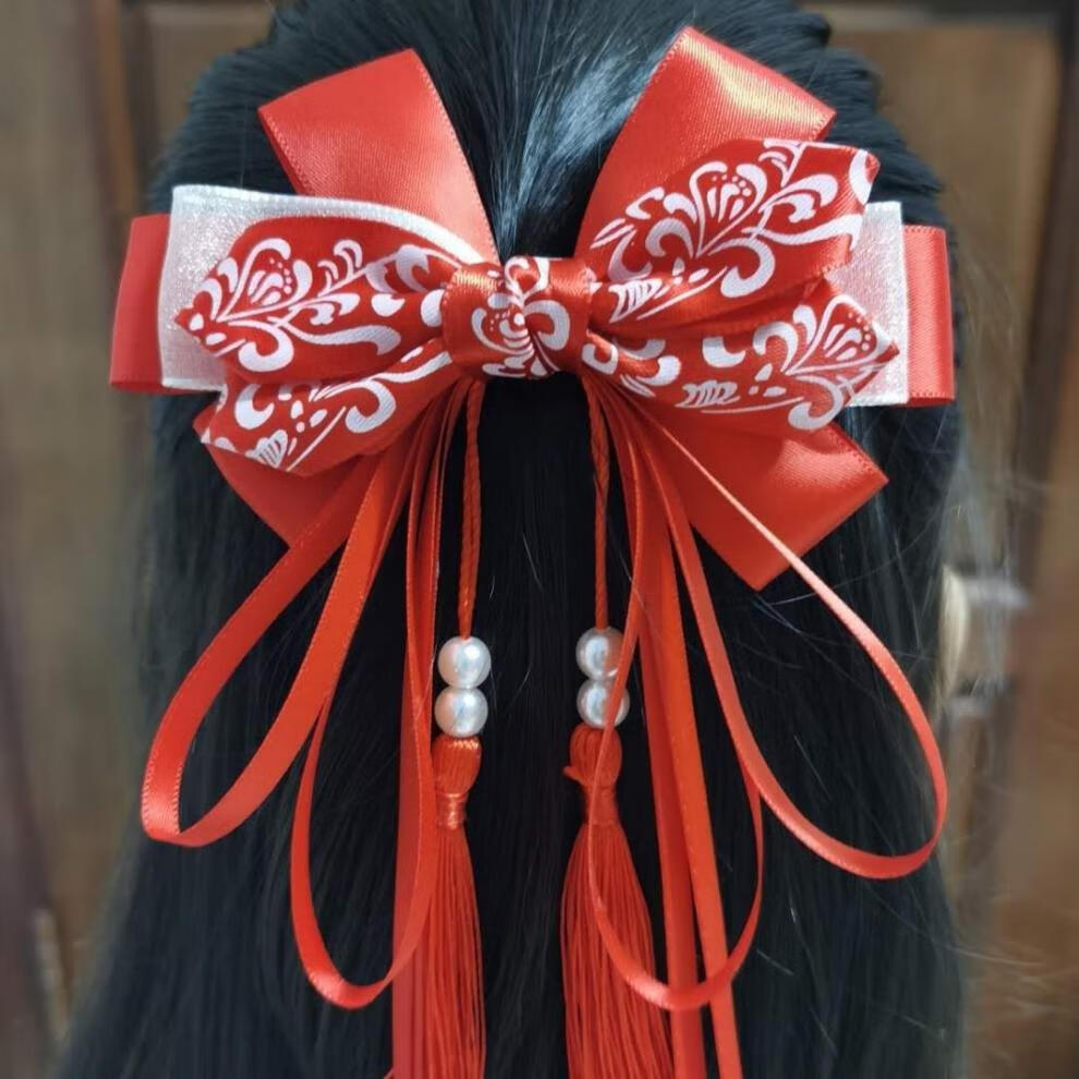 枫康2021年新款汉服头饰蝴蝶结发饰飘带头饰古风超仙汉服发夹后脑勺