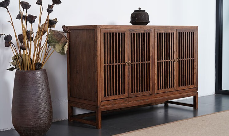 新中式餐边柜老榆木茶水柜实木矮柜茶室边柜鞋柜隔断玄关柜储物柜四门