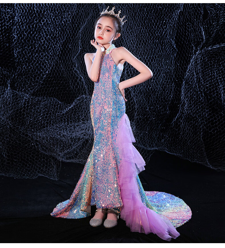 女童礼服走秀演出服儿童主持人钢琴演出表演服拖尾晚礼服鱼尾公主裙