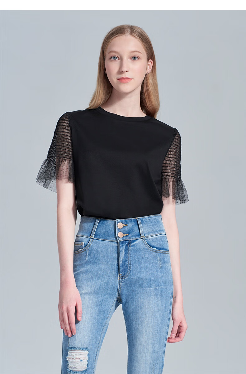 five plus女夏装新疆长绒棉短袖t恤女拼薄网纱喇叭袖上衣宽松 黑色090