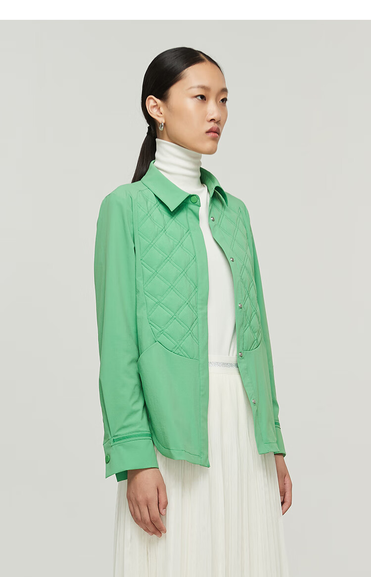 艾莱依早秋新款气质修身长袖羽绒衬衣女百搭保暖格纹羽绒衬衫